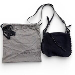 AllSaints Mori Crossbody Bag Navy Blue Suede Leather Whipstitch WB100I